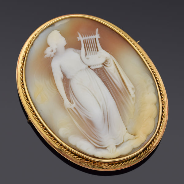 Antique 14K Yellow Gold Cameo Shell Large Oval Brooch Pin