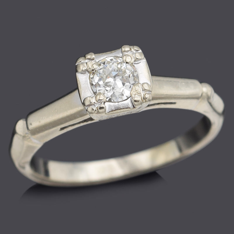 Vintage 14K White Gold 0.23 Carat Old Euro Diamond Solitaire Band Ring