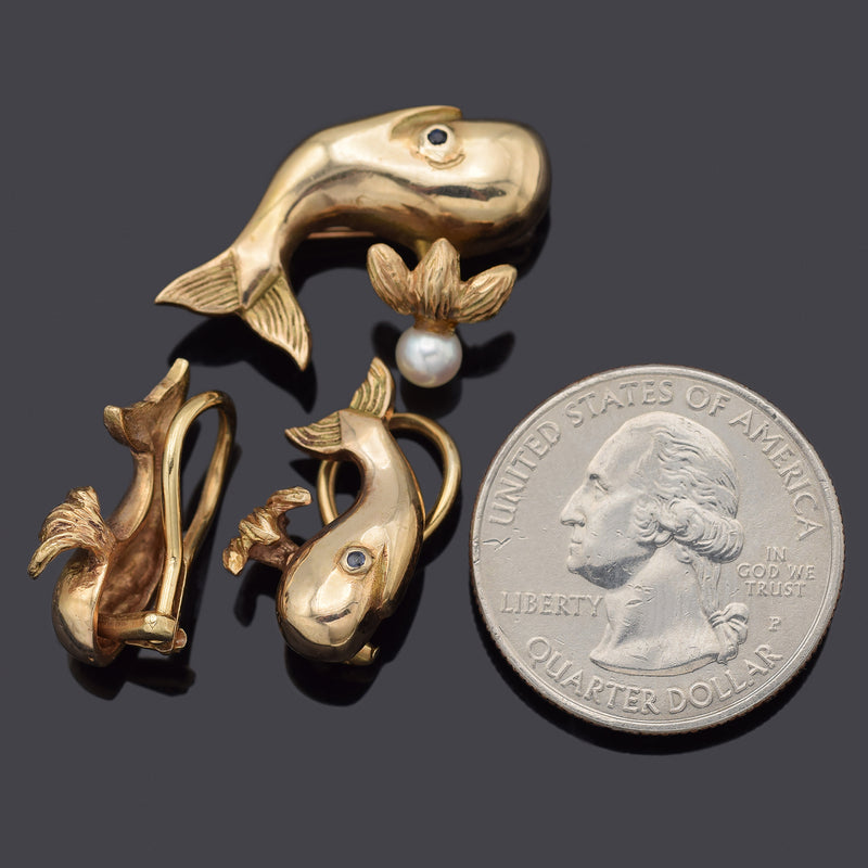 Vintage 14K Yellow Gold Sea Pearl and Sapphire Whale Earrings & Brooch Pin Set