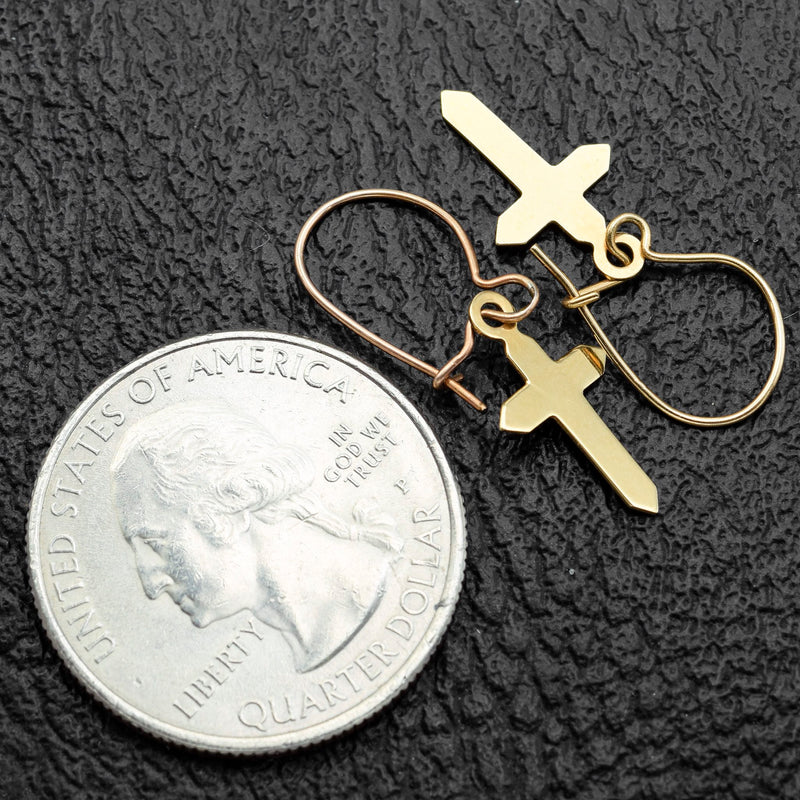 Vintage 14K Yellow Gold Cross Dangle Kidney-Wire Earrings