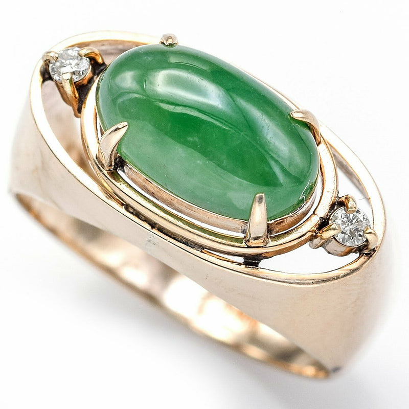 Vintage 14K Yellow Gold 2.61 Ct Green Jade & Diamond Band Ring