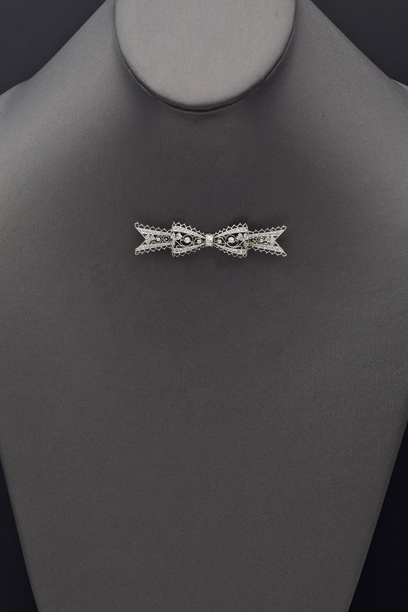 Antique Art Deco Platinum 0.77 TCW Mine & Rose Cut Diamond Bow Brooch Pin