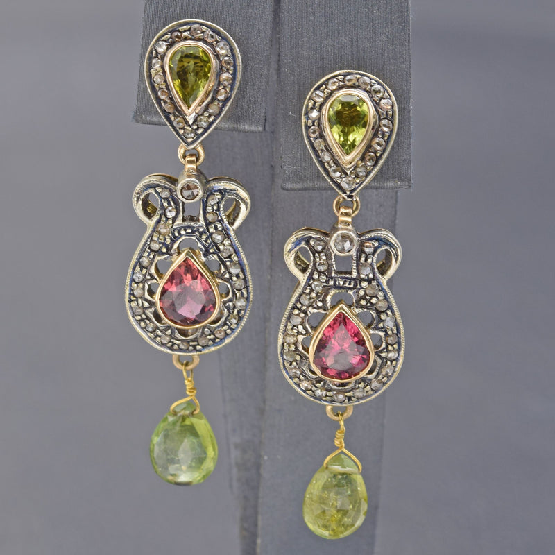 Antique 14K Gold Italian Hand-Made Multi-Stone & 0.80 TCW Diamond Dangle Earrings