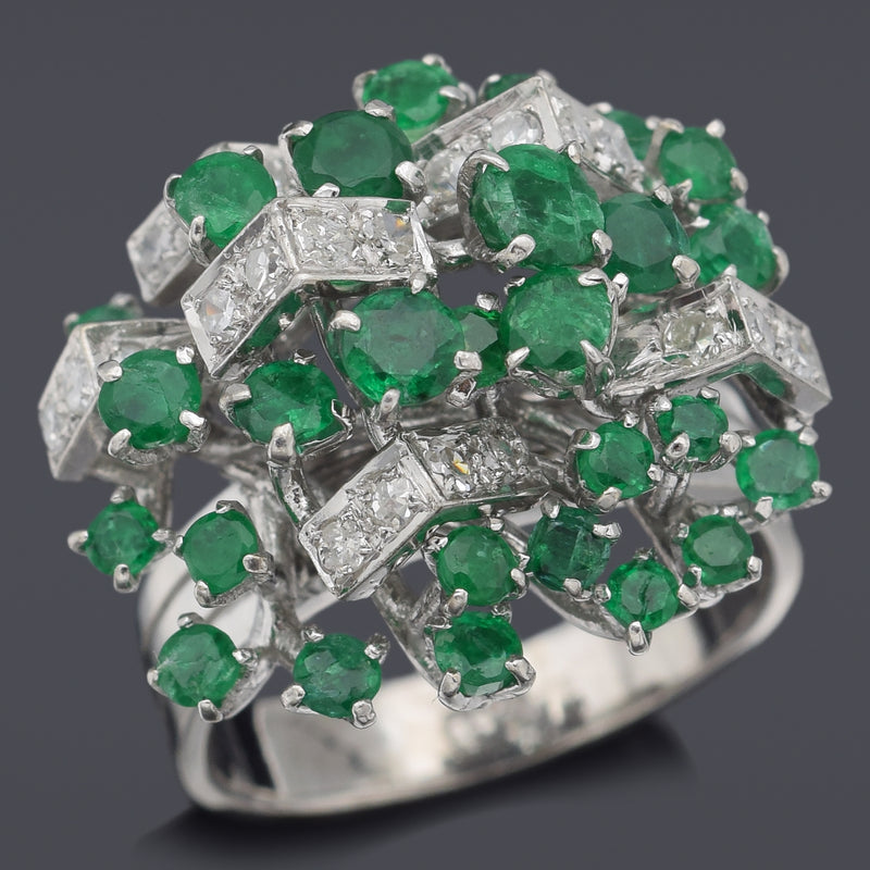 Vintage 14K White Gold Emerald & 0.55 TCW Diamond Cluster Cocktail Ring