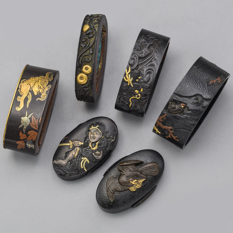 Antique Edo Meiji Taisho Period Shakudo Fuchi Gashira Set of 6 Japanese Sword Parts