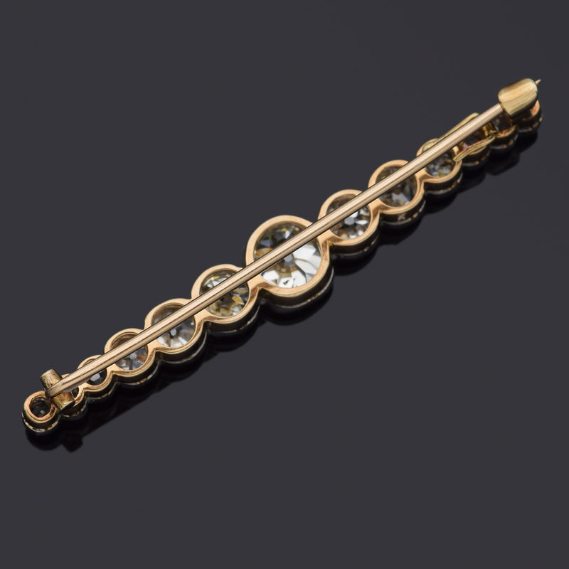 Antique 14K Gold & Platinum 3.37 TCW Old Euro Diamond Bar Brooch Pin