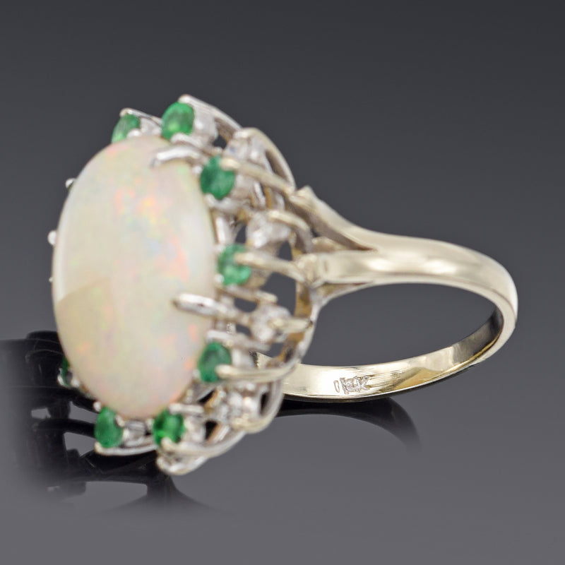 Vintage 14K White Gold 6.99 Ct Opal, Emerald & 0.40 TCW Diamond Cocktail Ring