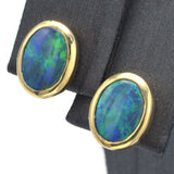 Vintage 18K Yellow Gold Black Opal Oval Stud Earrings
