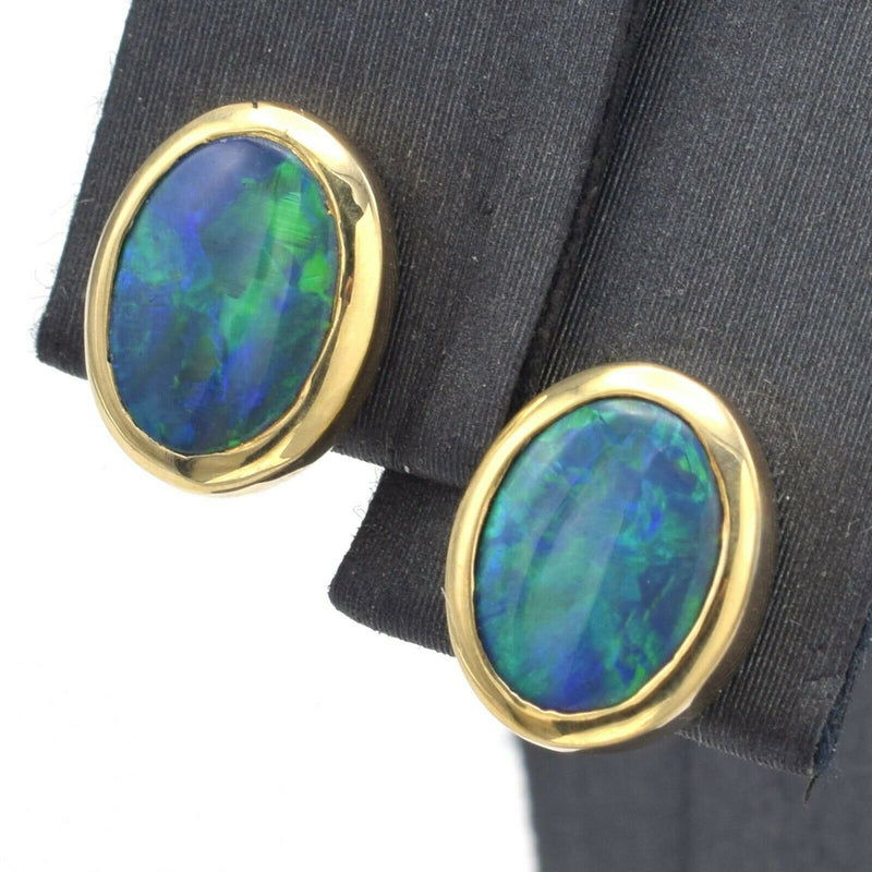 Vintage 18K Yellow Gold Black Opal Oval Stud Earrings