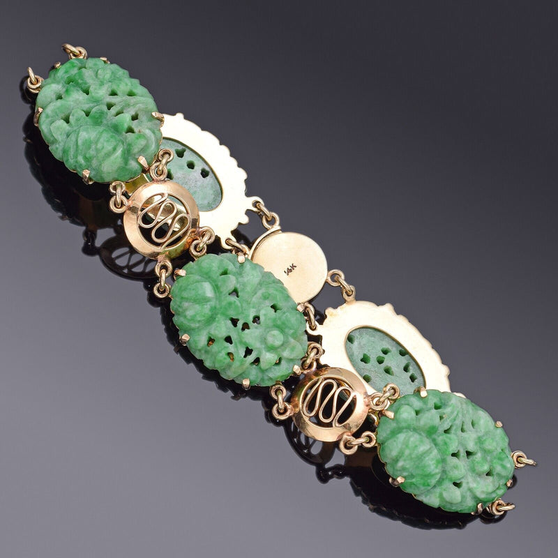 Vintage 14K Yellow Gold Green Jade Floral Carved Oval Link Bracelet 19.8 Grams