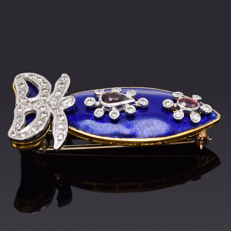 Antique 18K Gold & Platinum Garnet & 0.97 TCW Diamond Blue Enamel Brooch Pin
