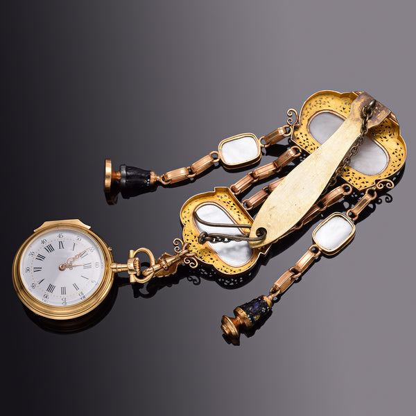 Antique Late 1800s Chaude Paris 18K Gold Enamel Openface Dress Pocket Watch & MOP Hanger