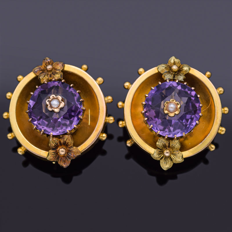 Antique English Victorian 18K Yellow Gold Amethyst & Sea Pearl Dangle Earrings