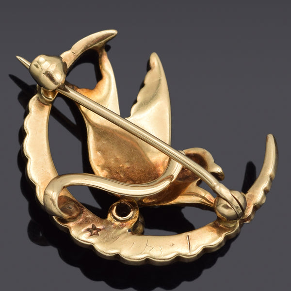 Antique 14K Yellow Gold Pearl & Diamond Bird Brooch Pin Pendant