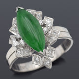 Vintage 18K White Gold Imperial Green Jade & Diamond Cocktail Ring