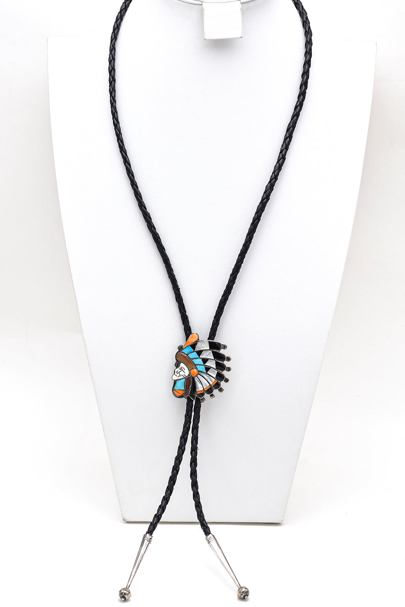 Vintage Raymond Quam Zuni Sterling Silver Multi-Stone Bolo Tie