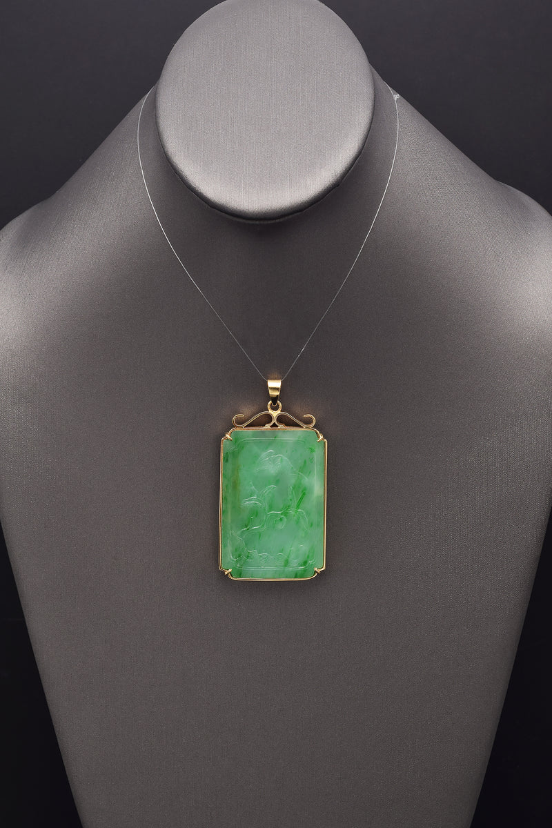 GIA Cert Antique 14K Gold Translucent Mottled Green Grade A Jadeite Jade Pendant
