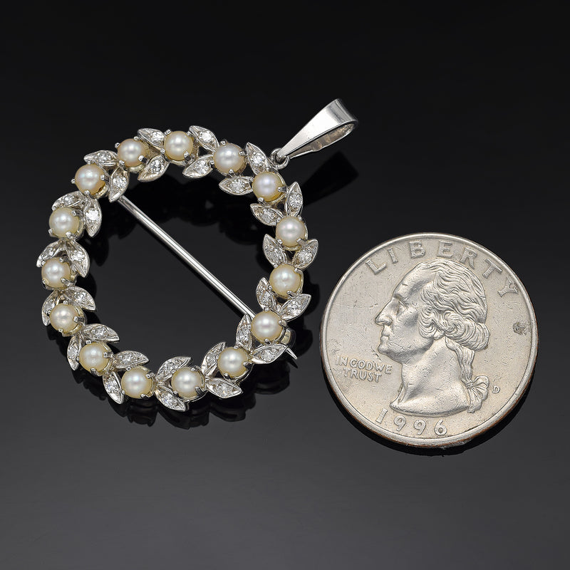 Vintage 18K White Gold Sea Pearl & 0.60 TCW Diamond Brooch Pin Pendant