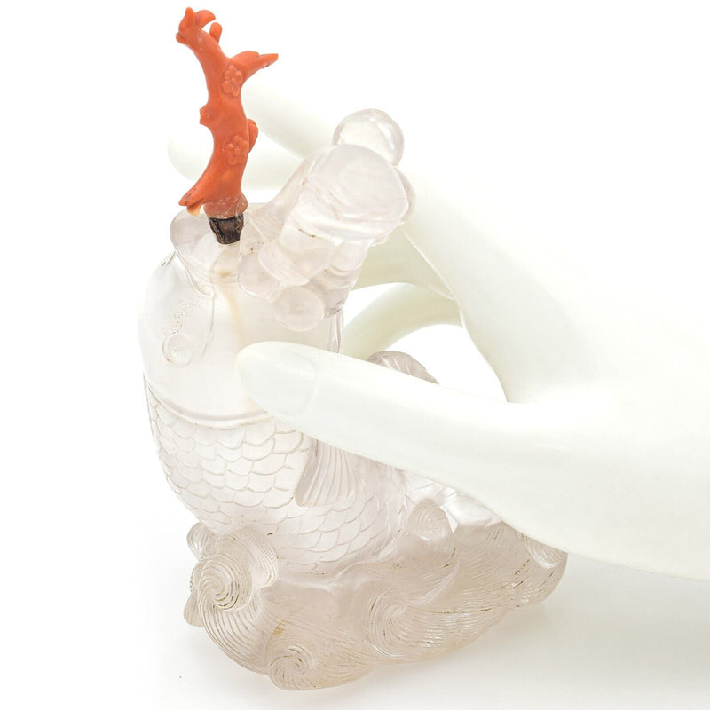 Antique Chinese Clear Quartz & Red Coral Carved Koi Fish Snuff Bottle 282.6 Gr