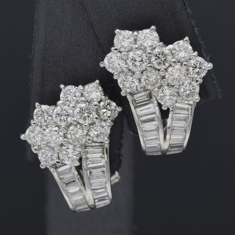 Vintage 18K White Gold 3.78 TCW Diamond Floral Omega Back Earrings