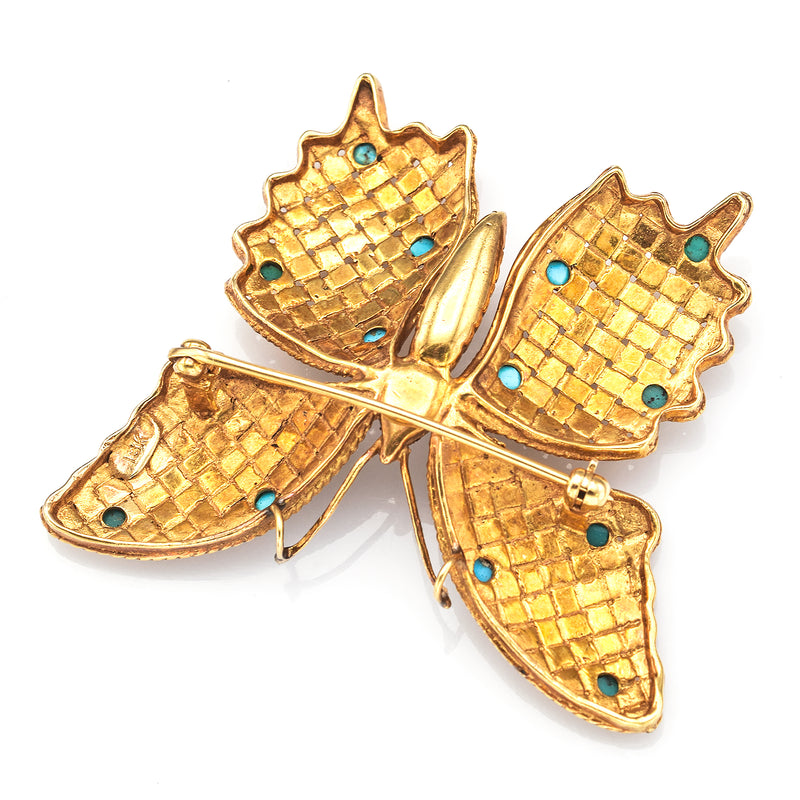 Vintage 18K Yellow Gold Turquoise & Ruby Butterfly Brooch Pin Pendant