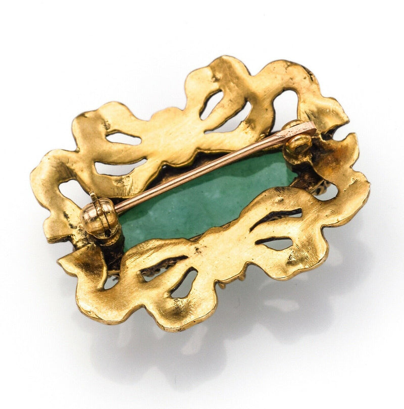 Antique 14K Yellow Gold Green Jade & Sea Pearl Enamel Brooch Pin