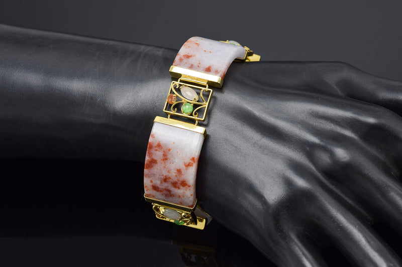 Vintage 14K Yellow Gold Lavender & Red Jade Wide Link Bracelet