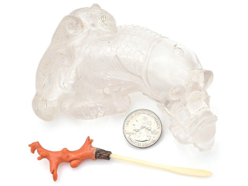 Antique Chinese Clear Quartz & Red Coral Carved Koi Fish Snuff Bottle 282.6 Gr