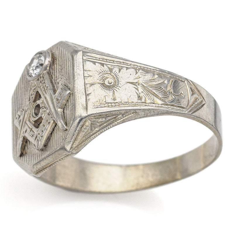 Vintage 10K White Gold Diamond Freemason Masonic Signet Ring Size 10
