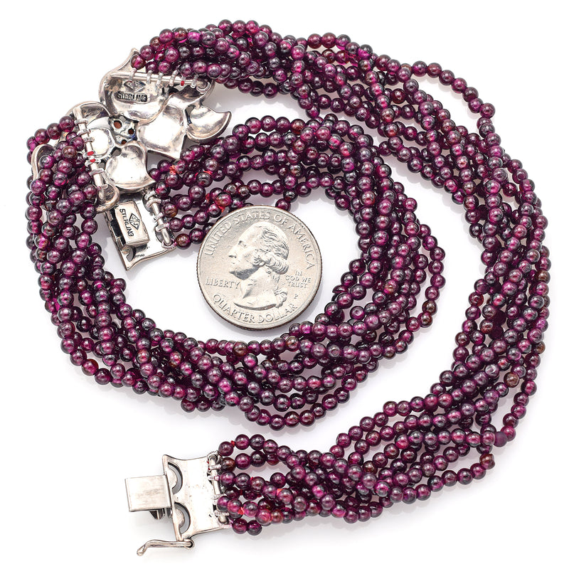 Vintage Judith Jack Sterling Silver Garnet Marcasite Multi-Strand Bead Necklace