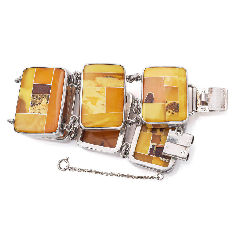 Vintage K/N Signed Sterling Silver Amber Inlay Wide Link Bracelet