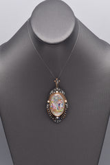 Antique Victorian 14K Gold & SS Diamond Pearl Enamel Cupid Locket Brooch Pendant