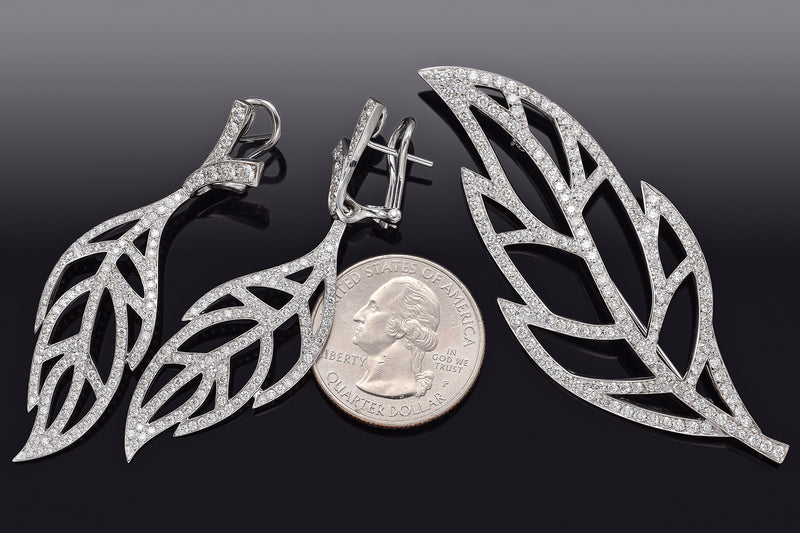 Vintage 18K White Gold 6 TCW Diamond Pendant Brooch & Drop Earrings Set G/H VS