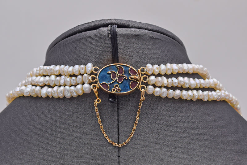 Vintage 14K Yellow Gold Sea Pearl Floral Enamel Beaded Multi-Strand Necklace