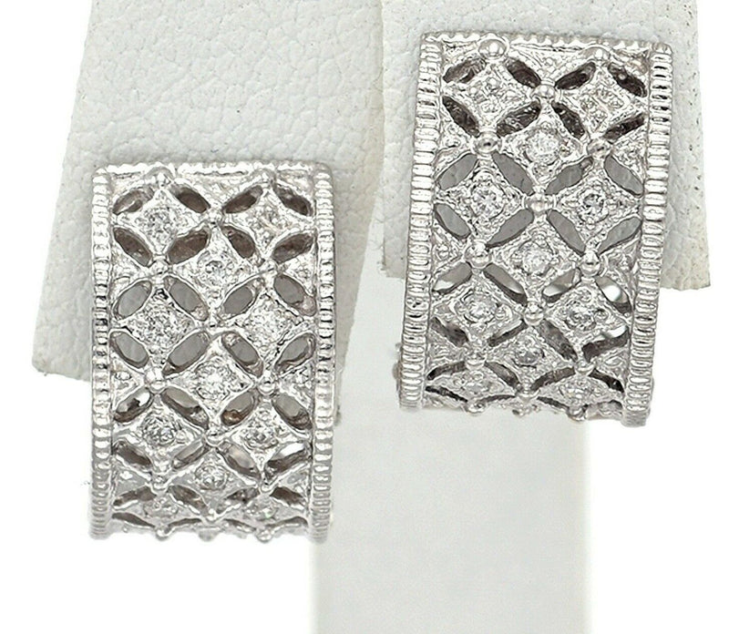 Vintage 14K White Gold Diamond Filigree Hoop Huggie Earrings