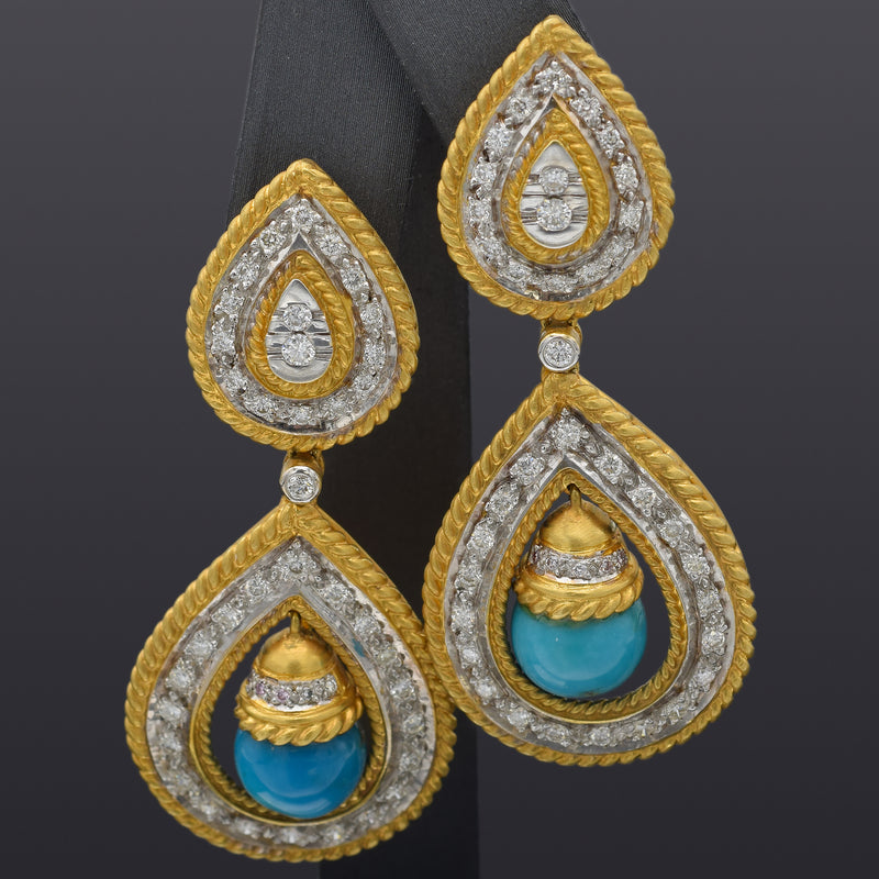 Estate 18K Yellow Gold Robins Egg Turquoise & 1.70 TCW Diamond Drop Earrings
