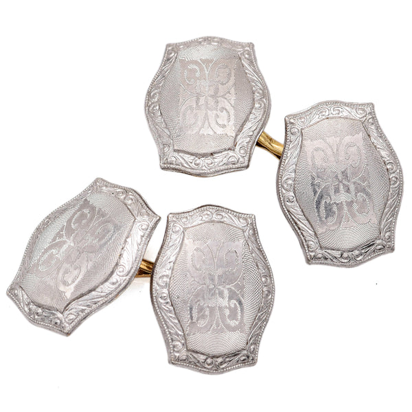 Antique 14K Multi-Tone Gold Etched Ornamental Men's Double Faced Cufflinks