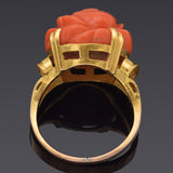 Vintage 18K Yellow Gold Red Coral Carved Rose Flower Band Ring