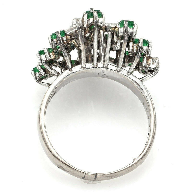 Vintage 8K White Gold Emerald & Diamond Geometric Cluster Band Ring