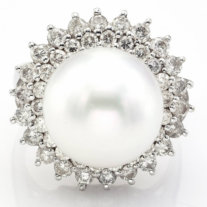 Vintage 18K White Gold Sea Pearl & 1.72 TCW Diamond Cocktail Ring