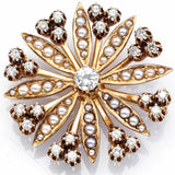 Antique 14K Gold 1.16TCW Diamond & Pearl Snowflake Brooch Pendant