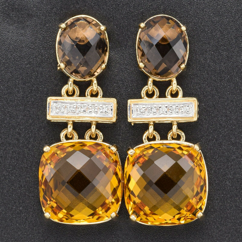 Vintage 14K Yellow Gold Citrine & Diamond Drop Earrings 10.7Grams 33.0 x 13.5 mm