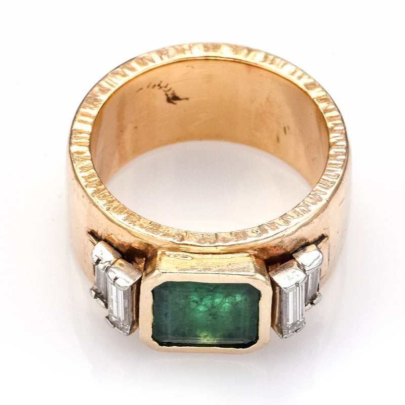 Vintage 14K Yellow Gold Emerald & 0.48 TCW Diamond Hand Made Wide Band Ring