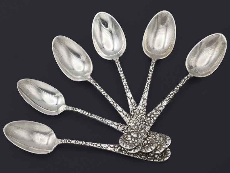 Set of 6 Antique Stieff Sterling Silver Baltimore Rose Demitasse Spoons w/ Mono