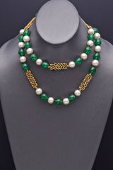 Vintage 18K Gold Green Venetian Glass & Pearl Long Beaded Strand Necklace 32"
