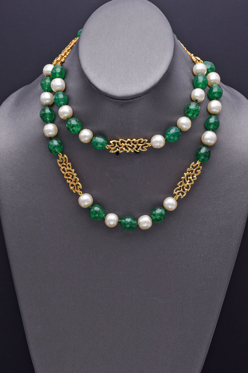 Vintage 18K Gold Green Venetian Glass & Pearl Long Beaded Strand Necklace 32"