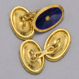 Vintage JHB Signed 18K Yellow Gold Blue Enamel Oval Cufflinks