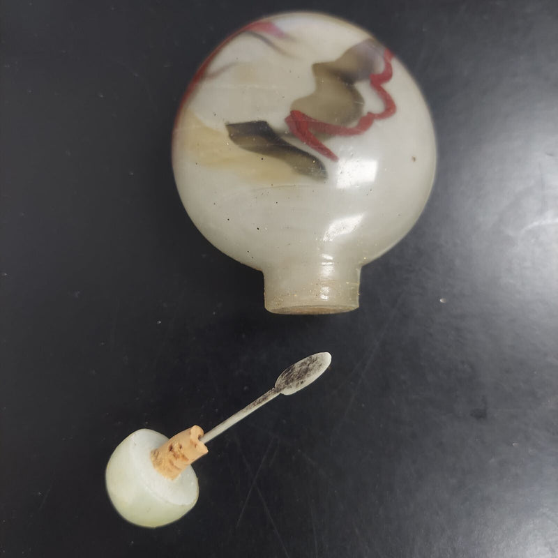 Antique Chinese White & Brown Peking Glass & Jade Cap Snuff Bottle 40.7 Grams