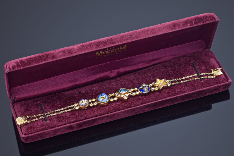Antique Museum Company 14K Gold Blue Topaz & Diamond Slide Charm Bracelet + Box