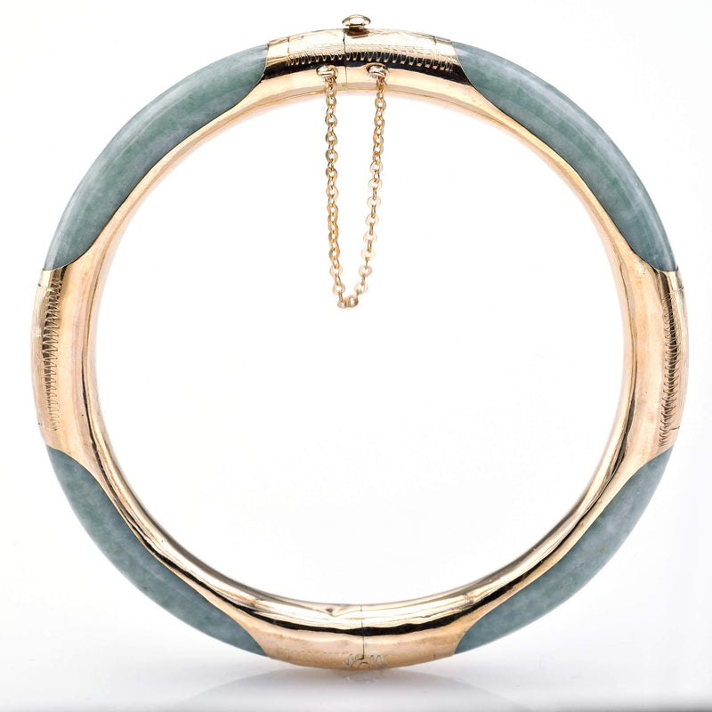 Vintage 14K Yellow Gold Green Jade Hinged Bangle Bracelet